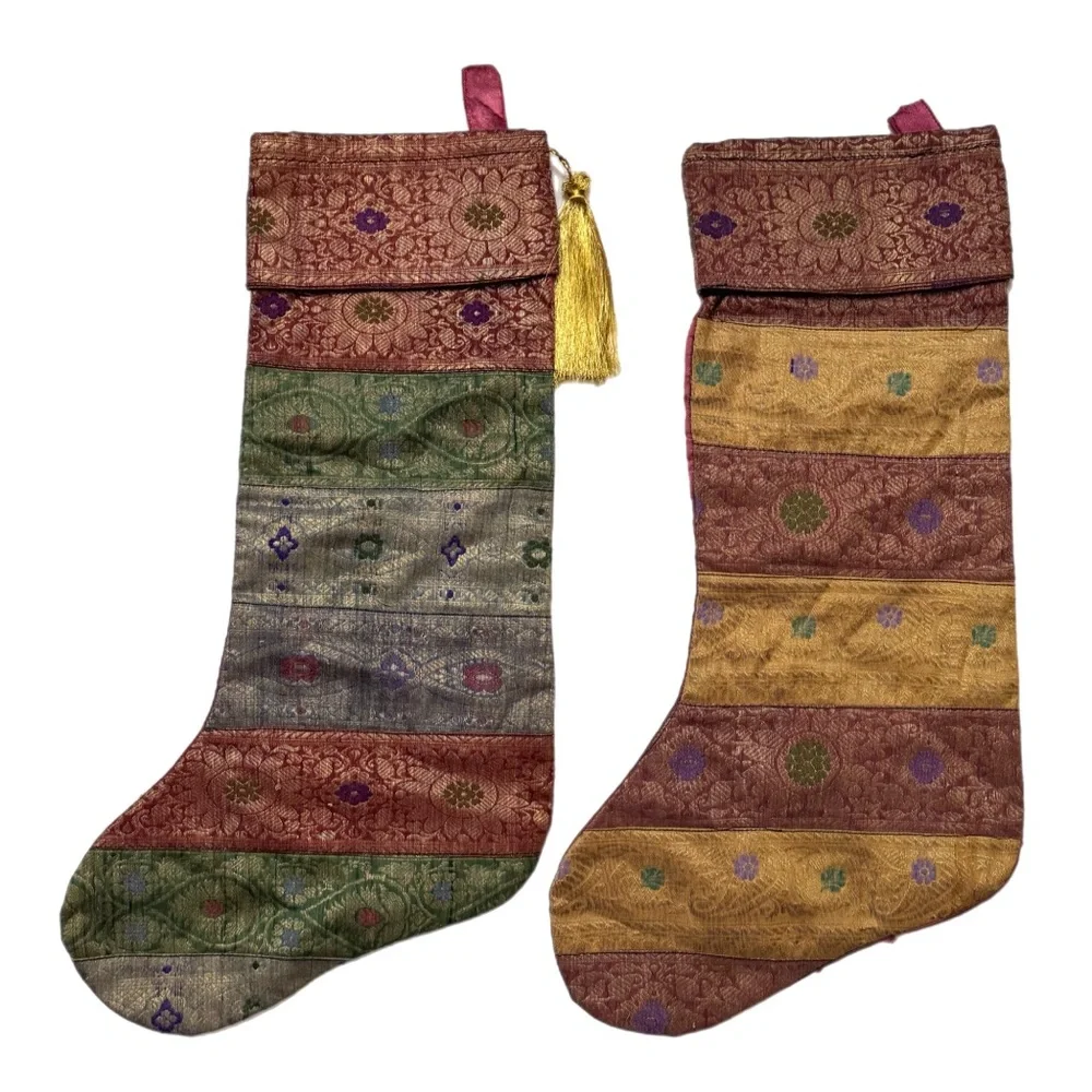 Pier 1 Imports Brocade Christmas Stockings Set of 2 Vintage Tapestry Decor